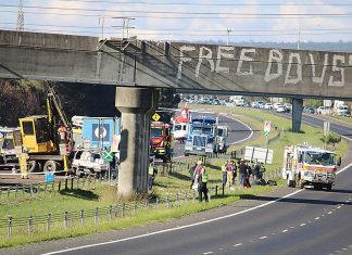 Huge crash after truck collides with bridge