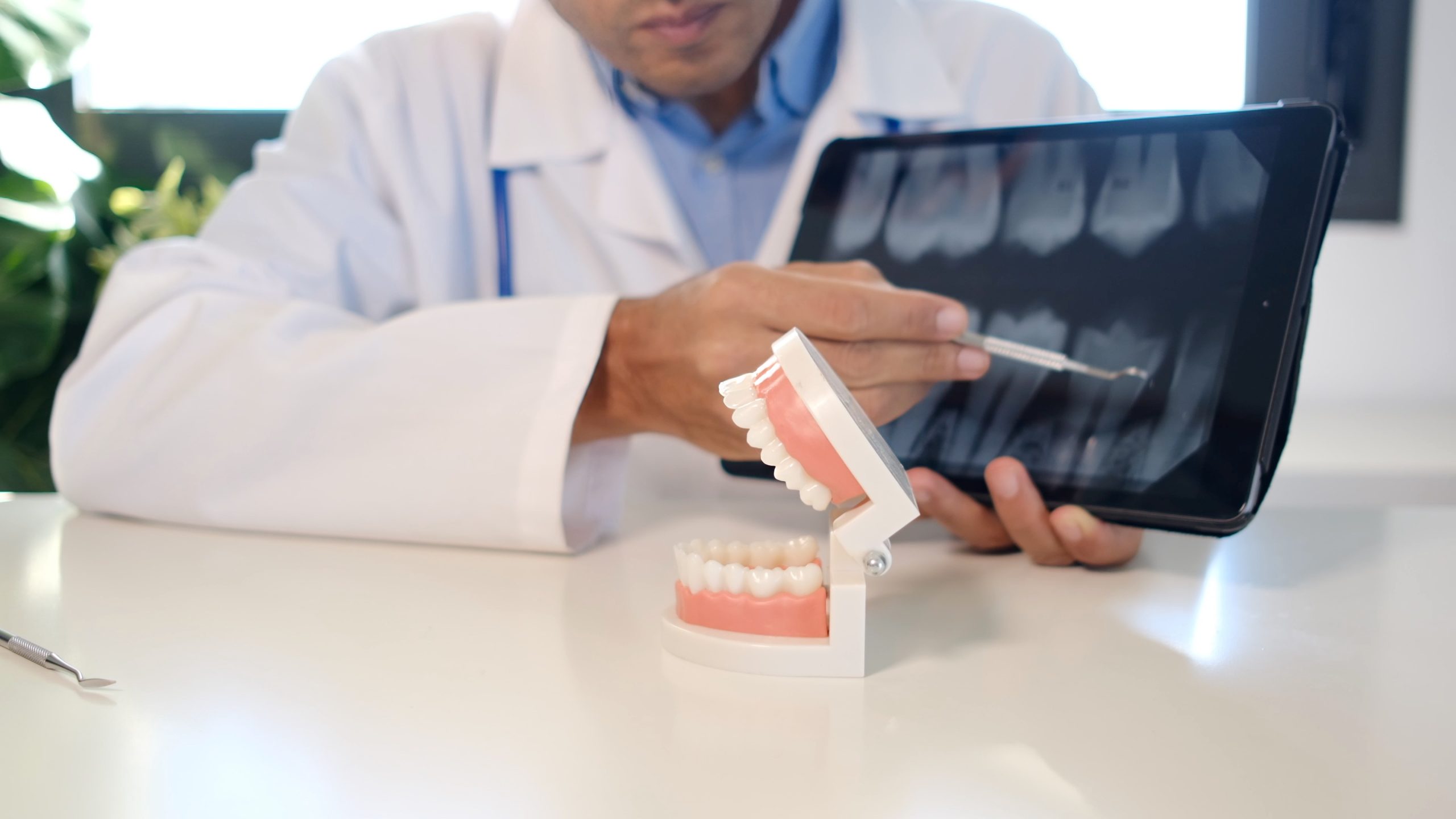 Dentist discussing dental radiography with patient using digital tablet and jaw model, explaining oral health, tooth care, and treatment options in modern clinic
